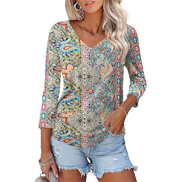 Ivicoer Women's 3/4 Sleeve Floral Top - V Neck Loose Tunic Blouse For Summer
