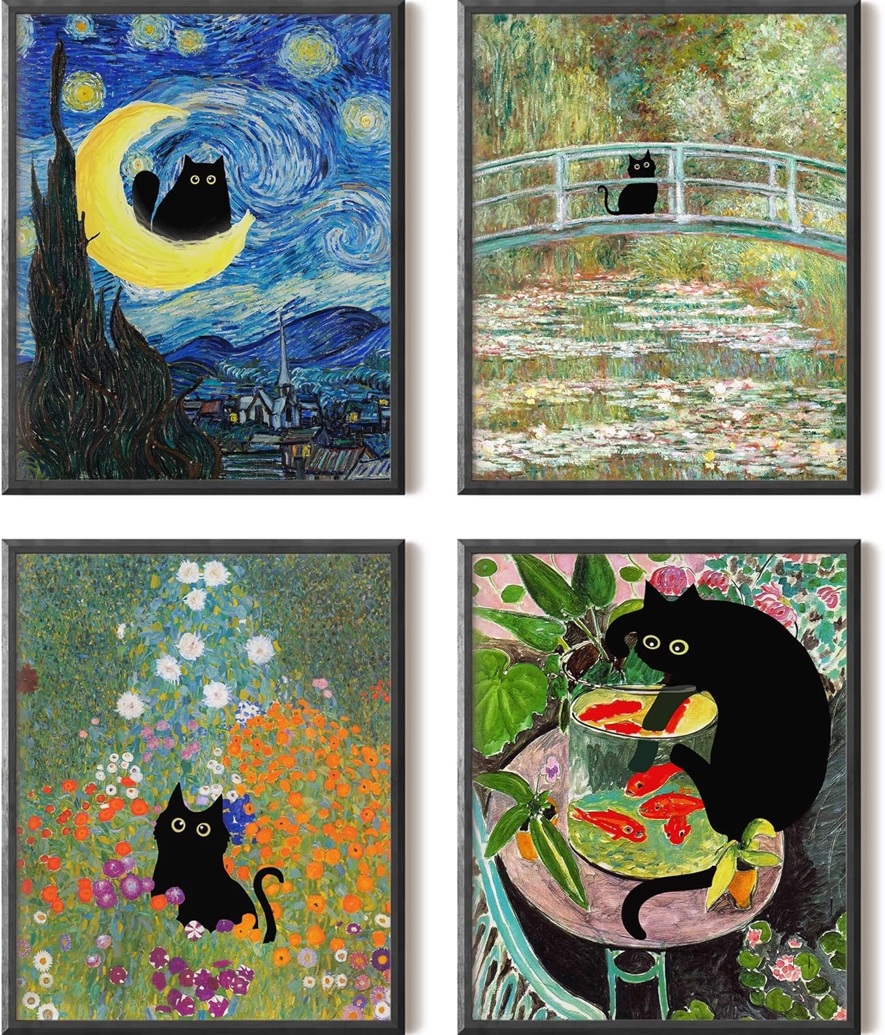 Wall Décor - Funny Black Cat Wall Art Prints, Van Gogh, Matisse, Monet, Eclectic Aesthetic Decor, Unframed, 8x10 Inch