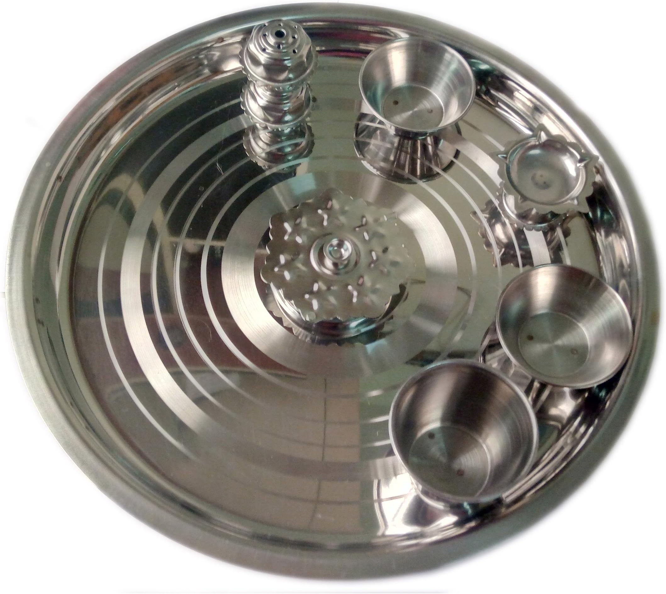 Sahishnu Online & Marketing Stainless Steel Heavy Big Pooja Thali, Indian Pooja Thali for Traditional Religious,Spiritual and Festival Use, Insence Holder, Kumkum Holder, Diya and Bowls