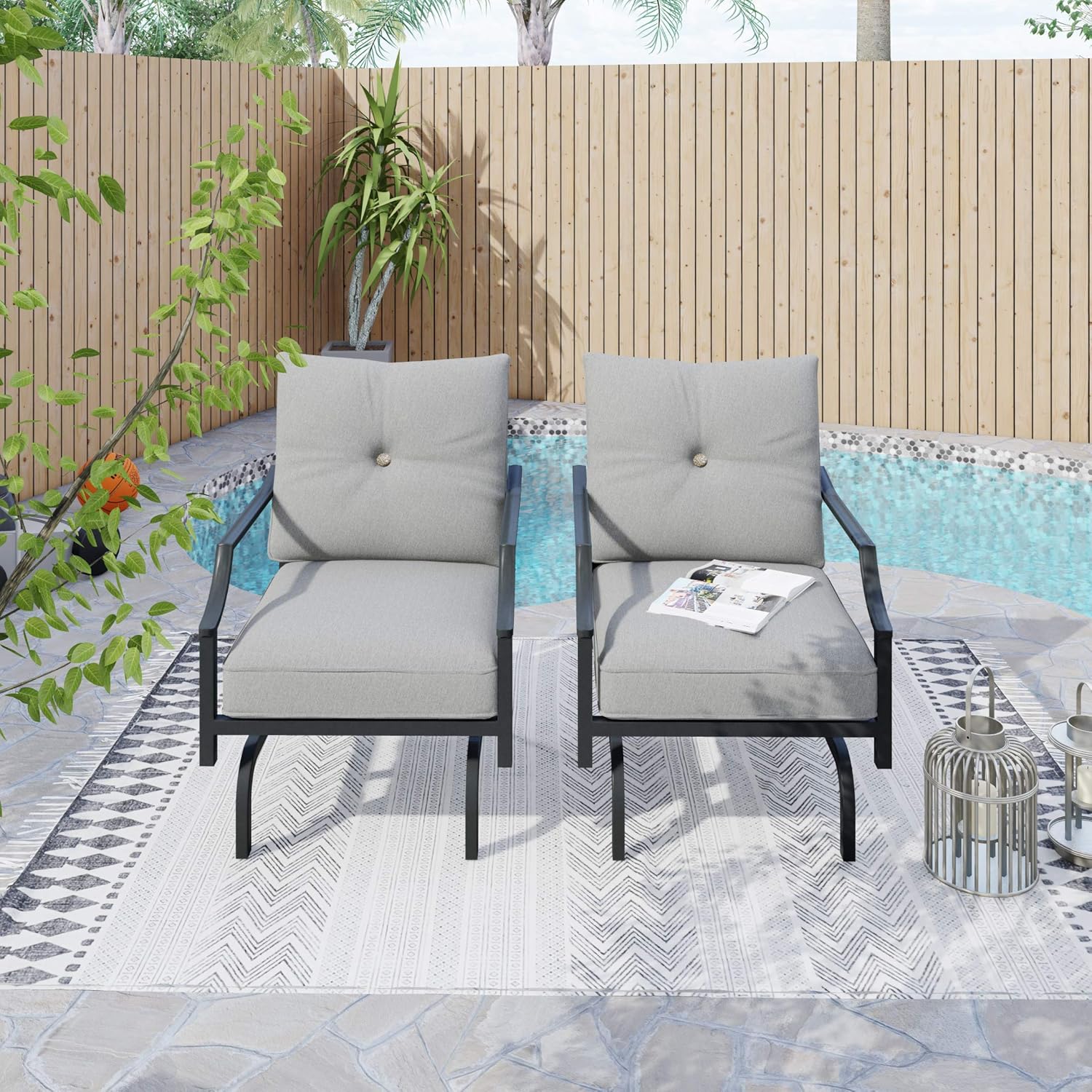 LOKATSE HOME 2 Pieces Outdoor Conversation Furniture Patio Bistro Armchair Set Metal Single Dining Chairs with Cushion, Grey : Garden & Outdoor