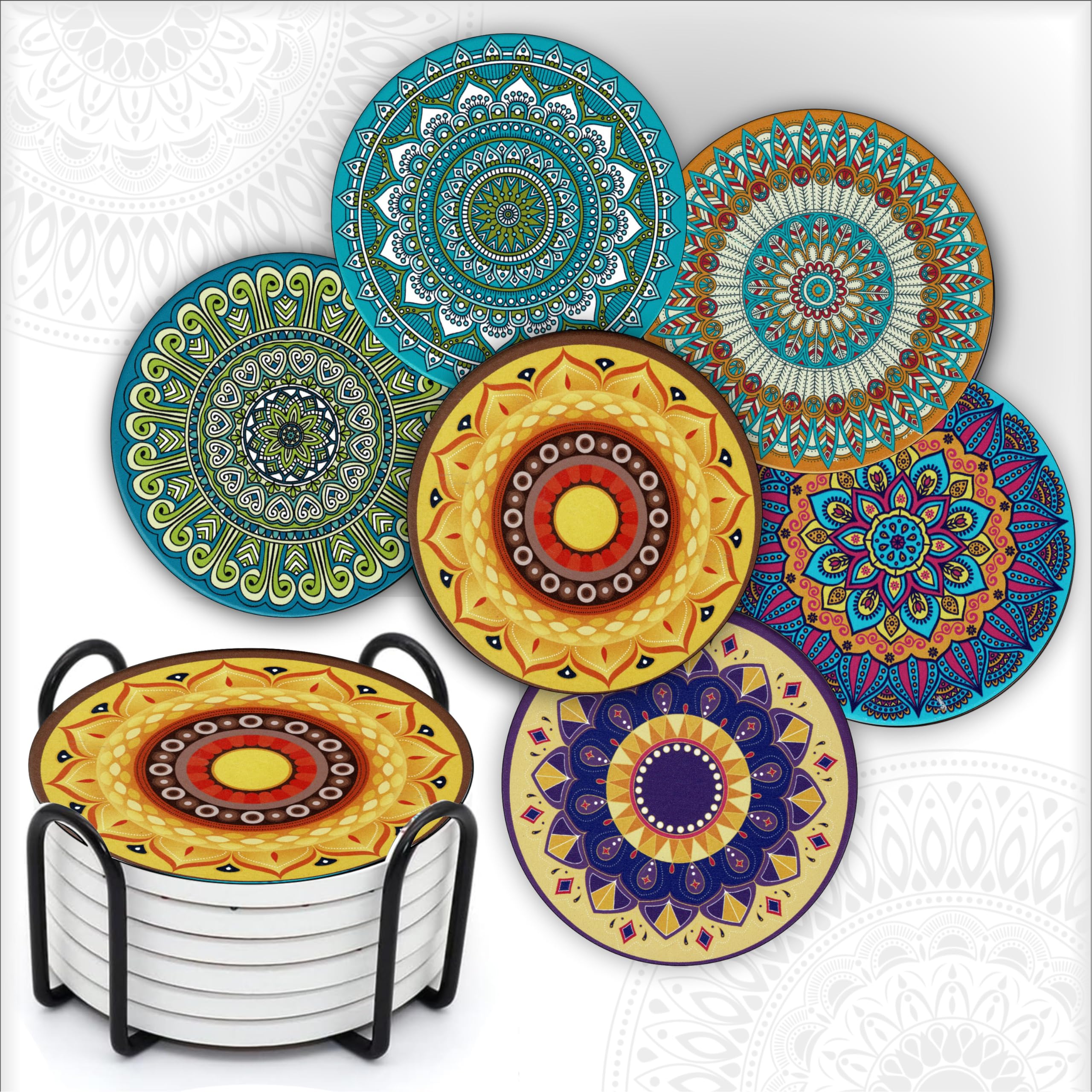 MALANGI Drink Coasters Set of 6 - Ceramic Turkish Coasters - Absorbent Giftable Coaster - Non-Scratch Top & Non-Slip Cork Base (Style 4 With Stand)