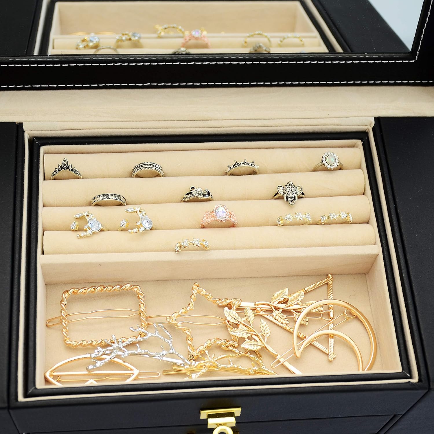 AKOZLIN Large Jewelry Box Organizer Functional Huge Lockable, Leather Jewelry Storage Case for Women Girls Ring Necklace Earring Bracelet Holder Organizer with Mirror: Home Improvement