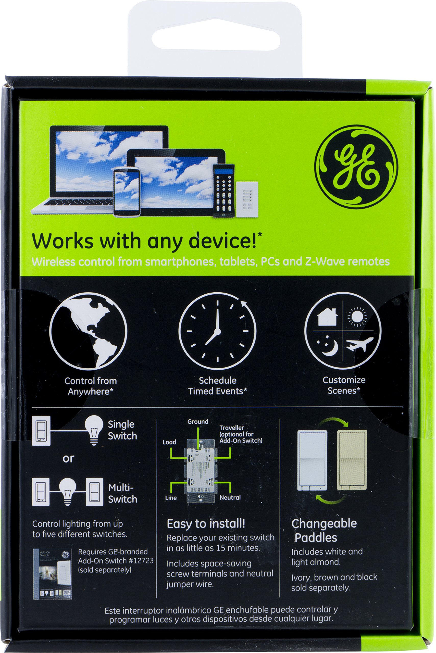 GE ZWave Wireless Smart Lighting Control Light Switch, On/Off Paddle, InWall, White & Lt