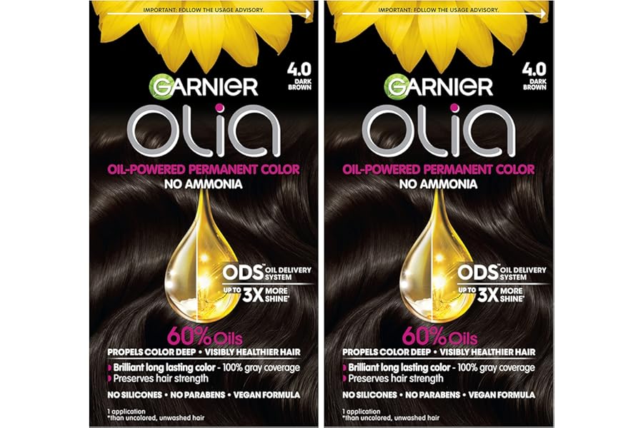 Garnier Hair Color Olia Ammonia-Free Brilliant Color Oil-Rich Permanent Hair Dye, 4.0 Dark Brown, 2 Count (Packaging May Vary)