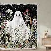 LGhtyro Funny Ghost Kids Shower Curtain Bathroom Set 60Wx71H Inches Halloween Spooky Wildflower Floral Rustic Plant Leaf Botanical Bath Accessories Starry Night Sky Art Home Decor Fabric 12 Pack Hooks