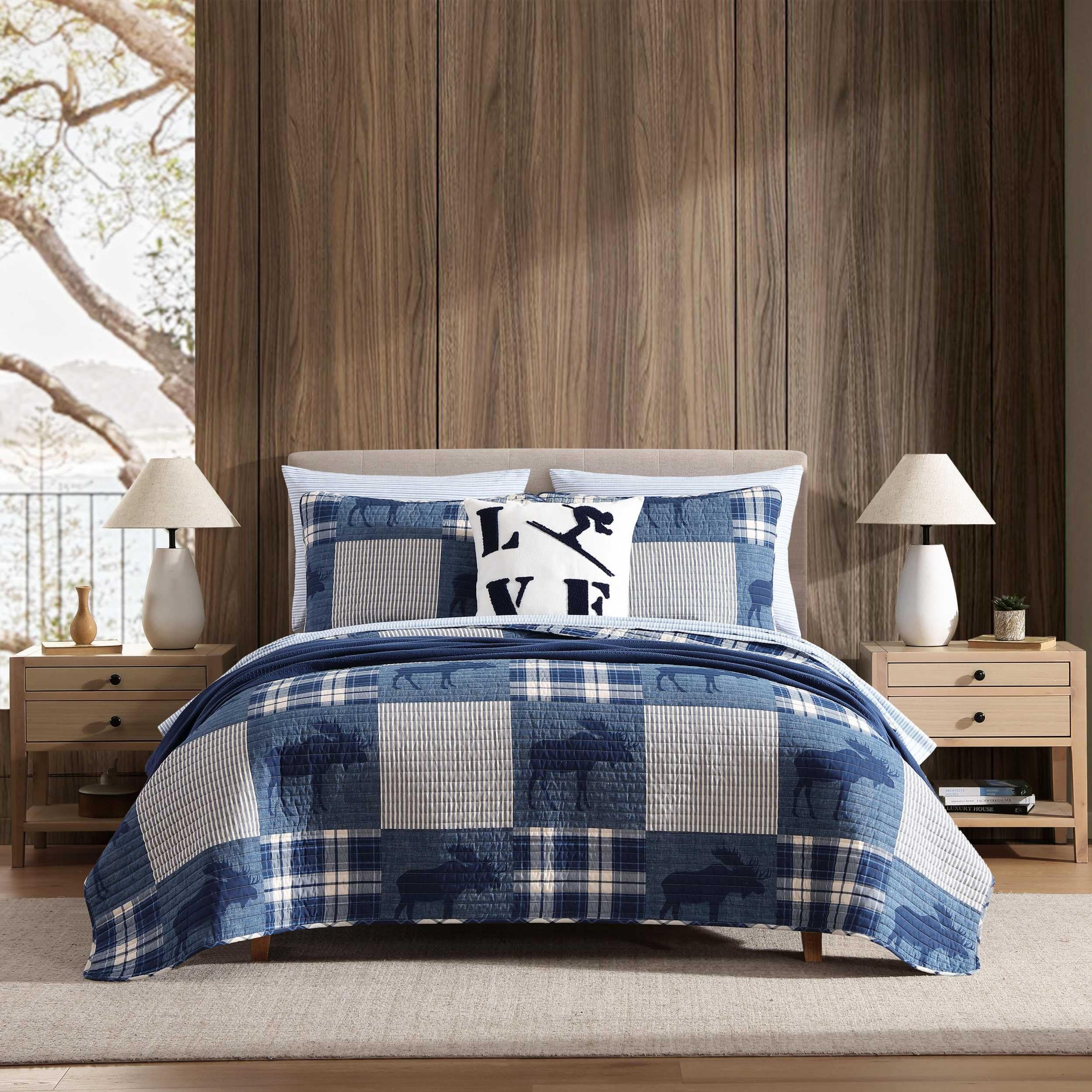 Eddie Bauer - Queen Quilt Set, Naturally Soft Cotton Bedding w/a Lightweight Feel for All-Year Comfort, Reversible w/Matching Pillowcases, 3 Piece Bed Set (Moose Plaid/Pinstripe/Patchwork Blue) Image