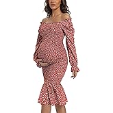 Maternity Fall Floral Midi Bodycon Dresses, Long Puff Sleeve Square Neck Ruffle Hem Mermaid Baby Shower Dress Red S