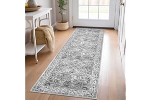 KILOCOCO Hallway Runner 2x6 Rug Runner Vintage Floral Rug Washable Kitchen Runner Rug Non-slip Runners for Hallways Bathroom Runner Laundry Room Rug Distressed Boho Rug Runners for Bedroom, Gray White