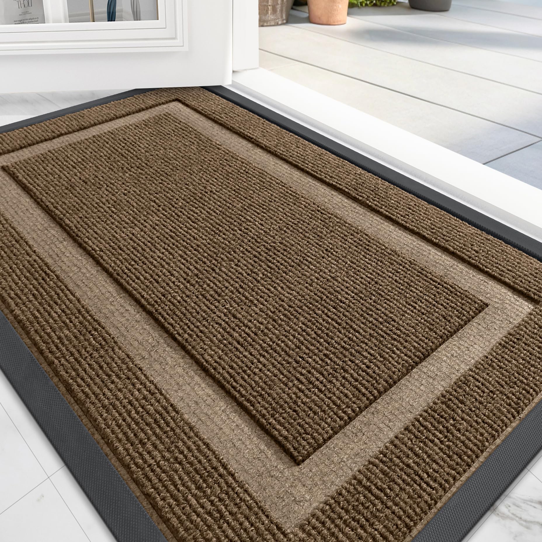 Photo 1 of OLANLY Front Door Mat Indoor Outdoor Entrance, Waterproof All-Season, All-Weather Doormat, Sturdy Natural Rubber, Fade Resistant, Low Profile, Easy Clean Patio Porch Entryway Mat, 29.5x17, Brown