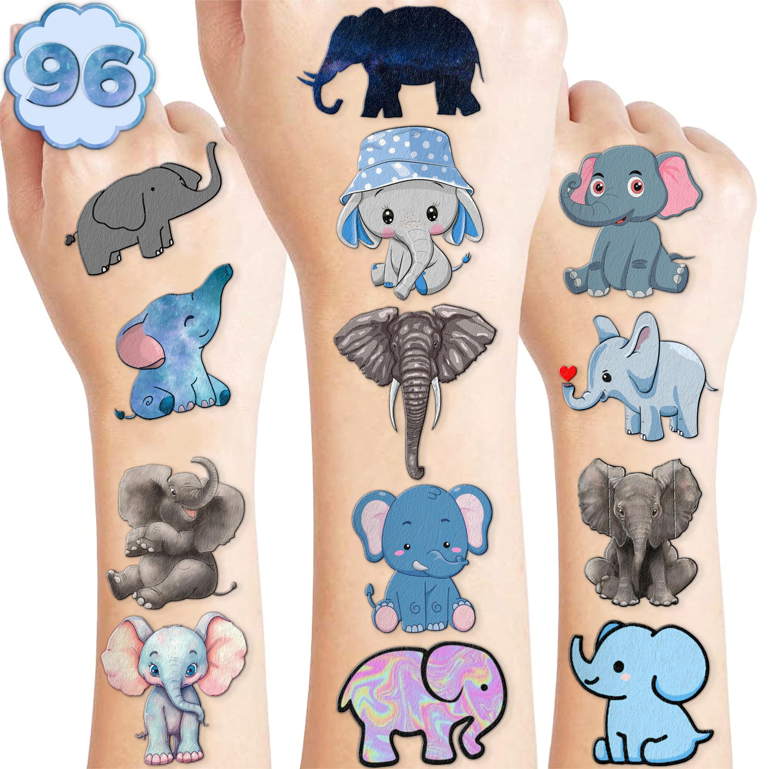 Photo 1 of 101 PCS Cute Elephant Temporary Tattoos Themed 1st Birthday Party Decorations Supplies Favors Decor Baby Pink Blue Animal Tattoo Stickers Gifts For Boys Girls Classroom School Prizes Carnival Cartoon