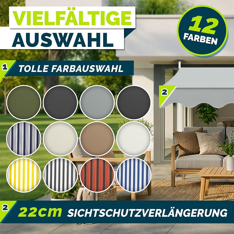 Klemmmarkise 250cm breit mit Handkurbel | Balkonmarkise ohne Bohren