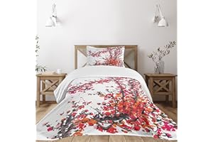 Lunarable Japanese Bedspread, Japanese Cherry Blossoms in Watercolor Brush Style Eastern Vibrant Oriental Art, Decorative Quilted 2 Piece Coverlet Set with Pillow Sham, Twin Size, Orange Red