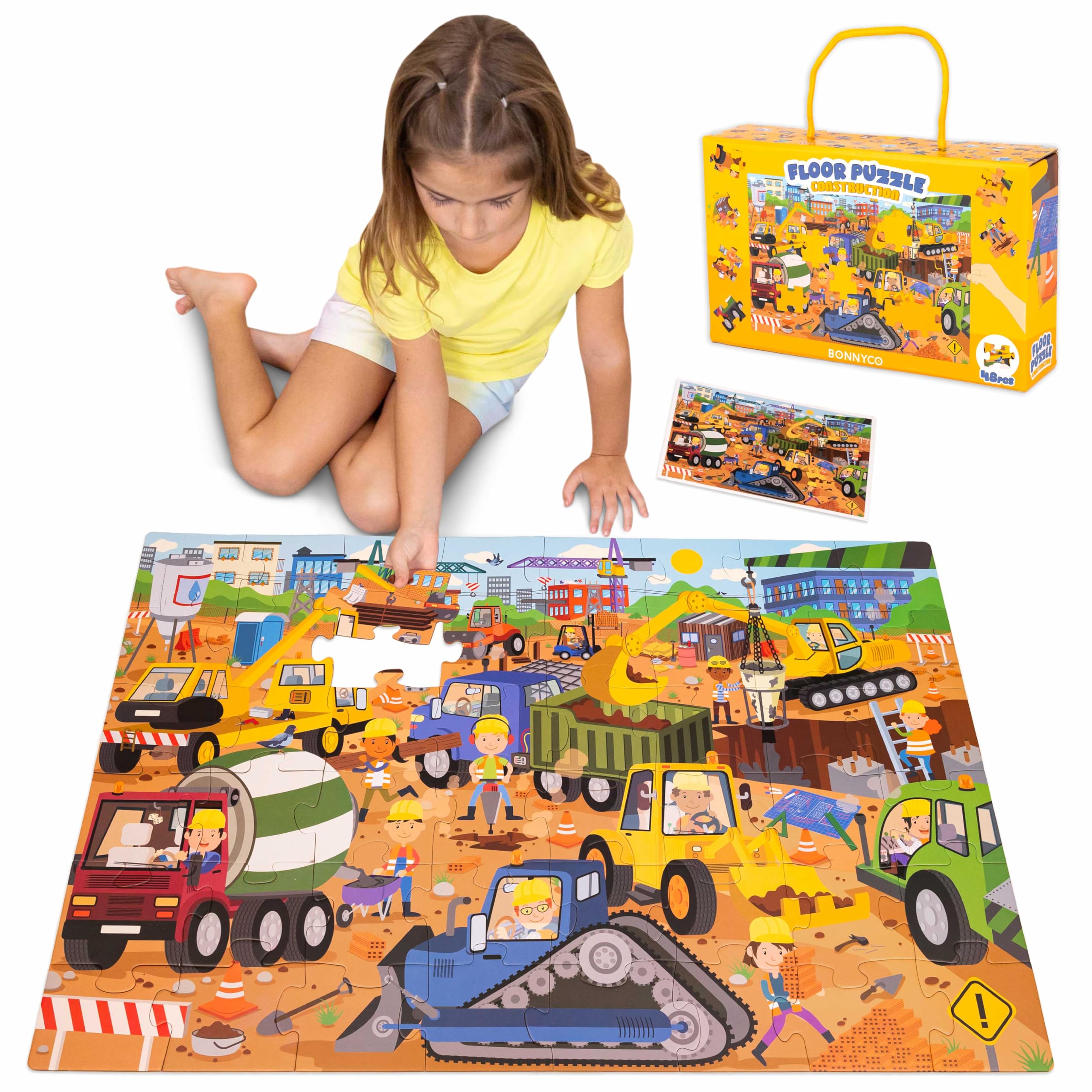 BONNYCO Giant Floor Puzzle Construction Site with 48 Large Pieces. Jigsaw Puzzles for Kids 36.2 x 24.4 in, Gifts for Boys and Girls, Educational Toys Ages 2-8