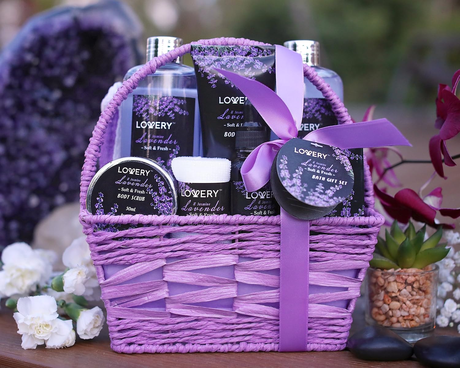 Home Spa Gift Basket, 9 Piece Bath & Body Set for Women and Men, Lavender & Jasmine Scent - Contains Shower Gel, Bubble Bath, Body Lotion, Bath Salt, Scrub, Massage Oil, Loofah & Basket: Baby