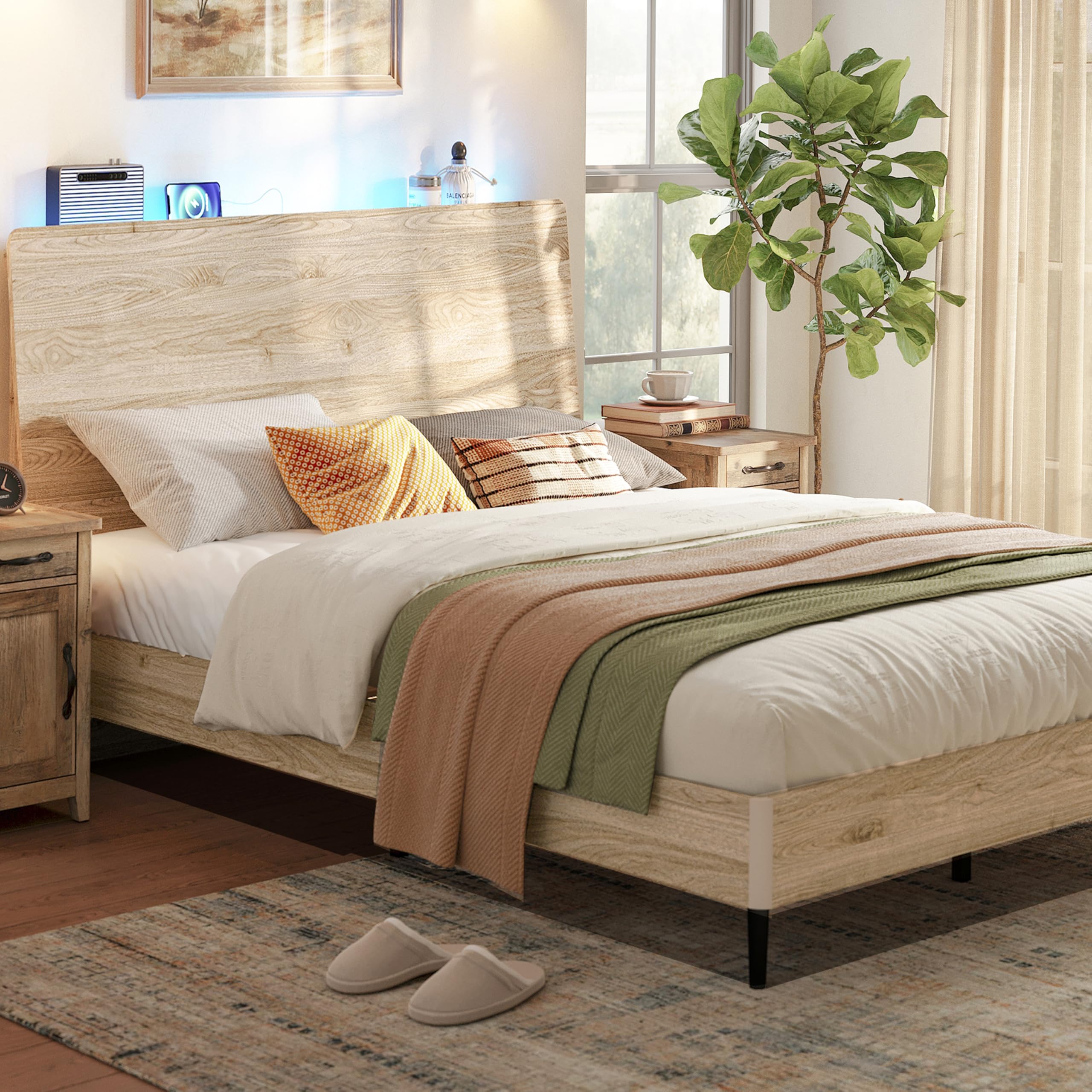 Photo 1 of LINSY Wood Bed Frame, Queen Bed Frame with Headboard LED, Wooden Platform Frames with Charging Station, No Box Spring Needed, Easy Assembly, Natural Wood