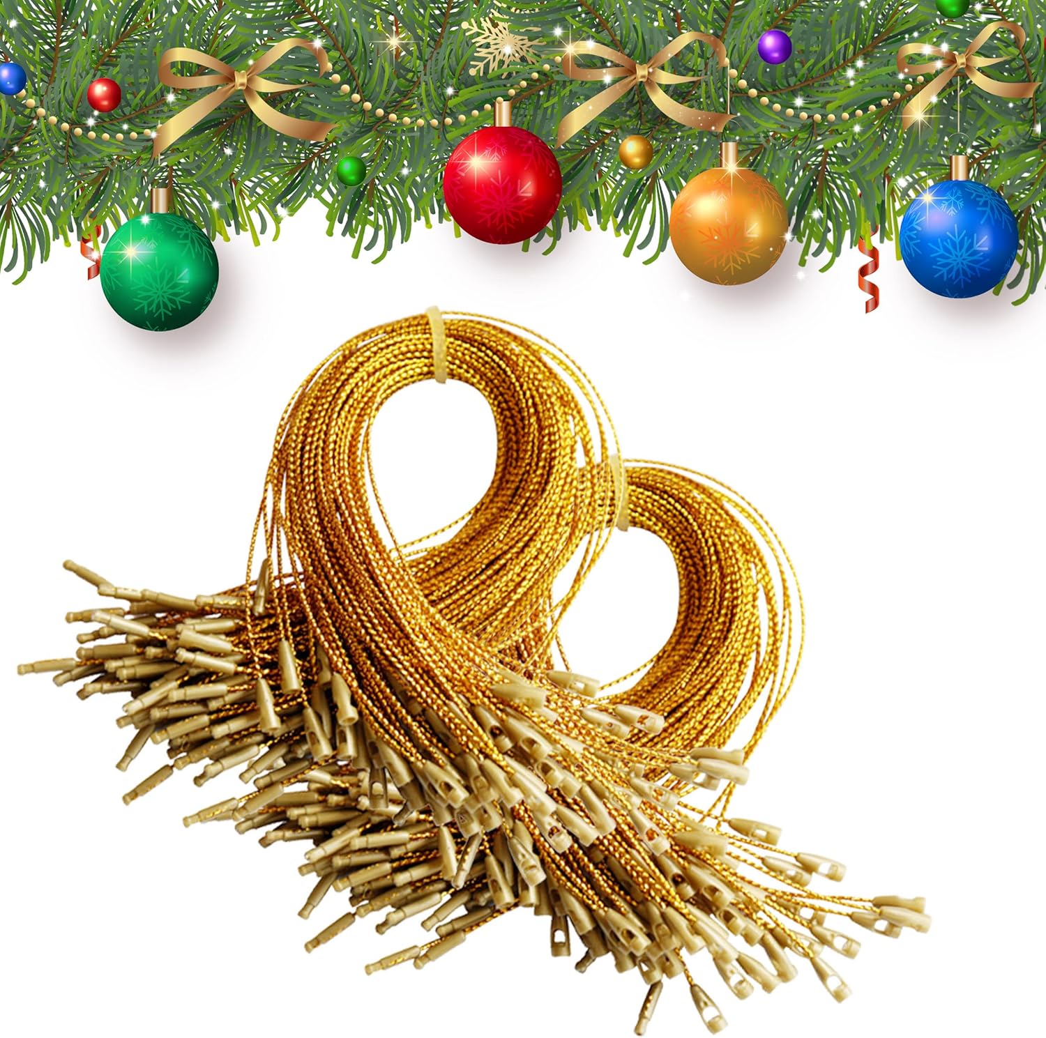 Ornament Hooks - 200Pcs Ornament Hook Hangers Precut Gold Metallic Ornament String with Snap Fasteners Polyester Ropes for Christmas Ornament Festive Holiday Day Hanging Decorations- Easy and Fast Locking