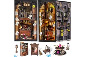 FUILTEE DIY Book Nook Kit, 3D Wooden Puzzle Miniature Booknook Bookend Bookshelf Decor with LED Light, Dust Cover, Book Nook Kits for Adults Teen (Magic Wand Shop)