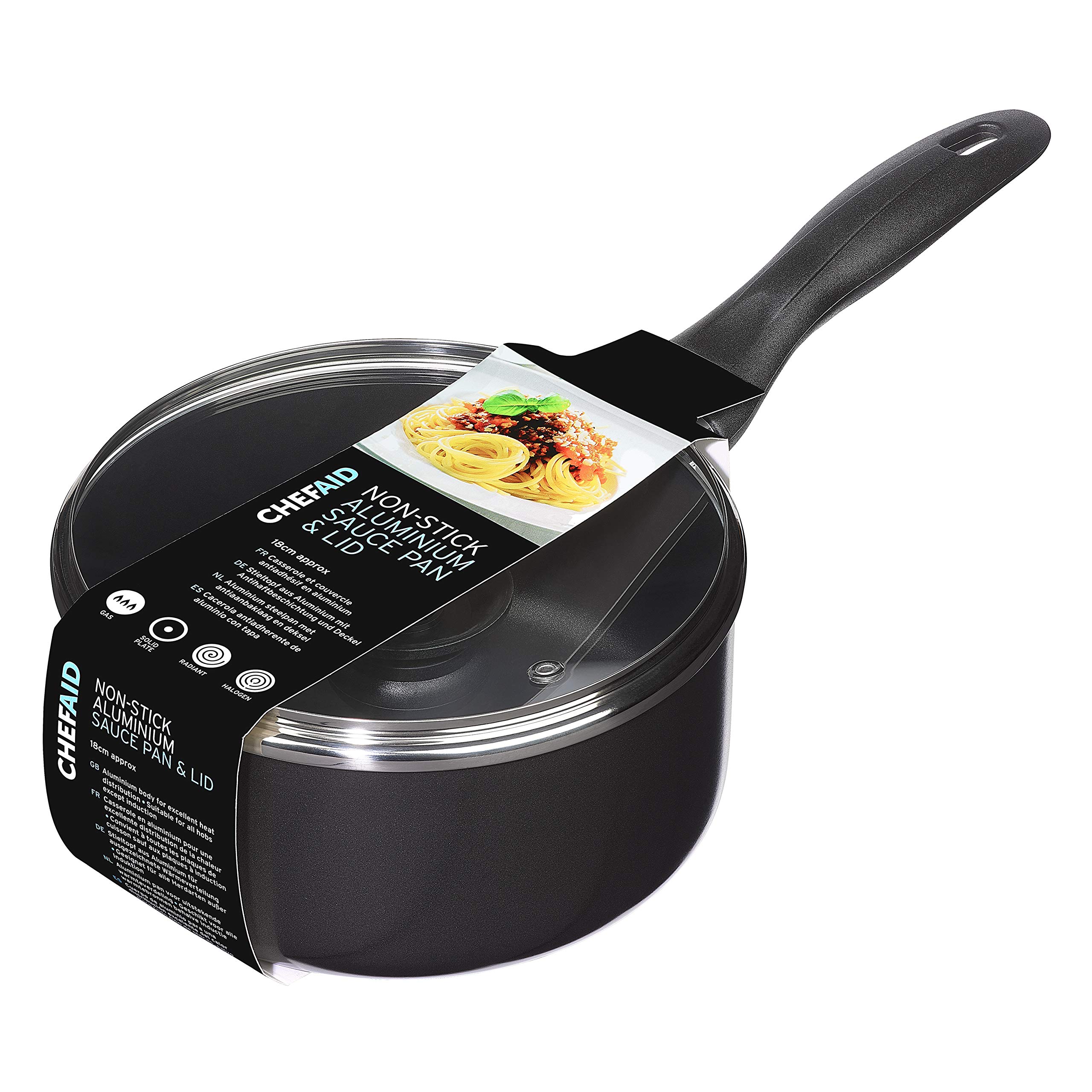 Chef Aid Sauce Pan, 18 cm Aluminium Pan with Glass Lid and Stay Cool Handle, Built in Ventilation Steam Vent, for Use on Electric and Ceramic Hobs, Black