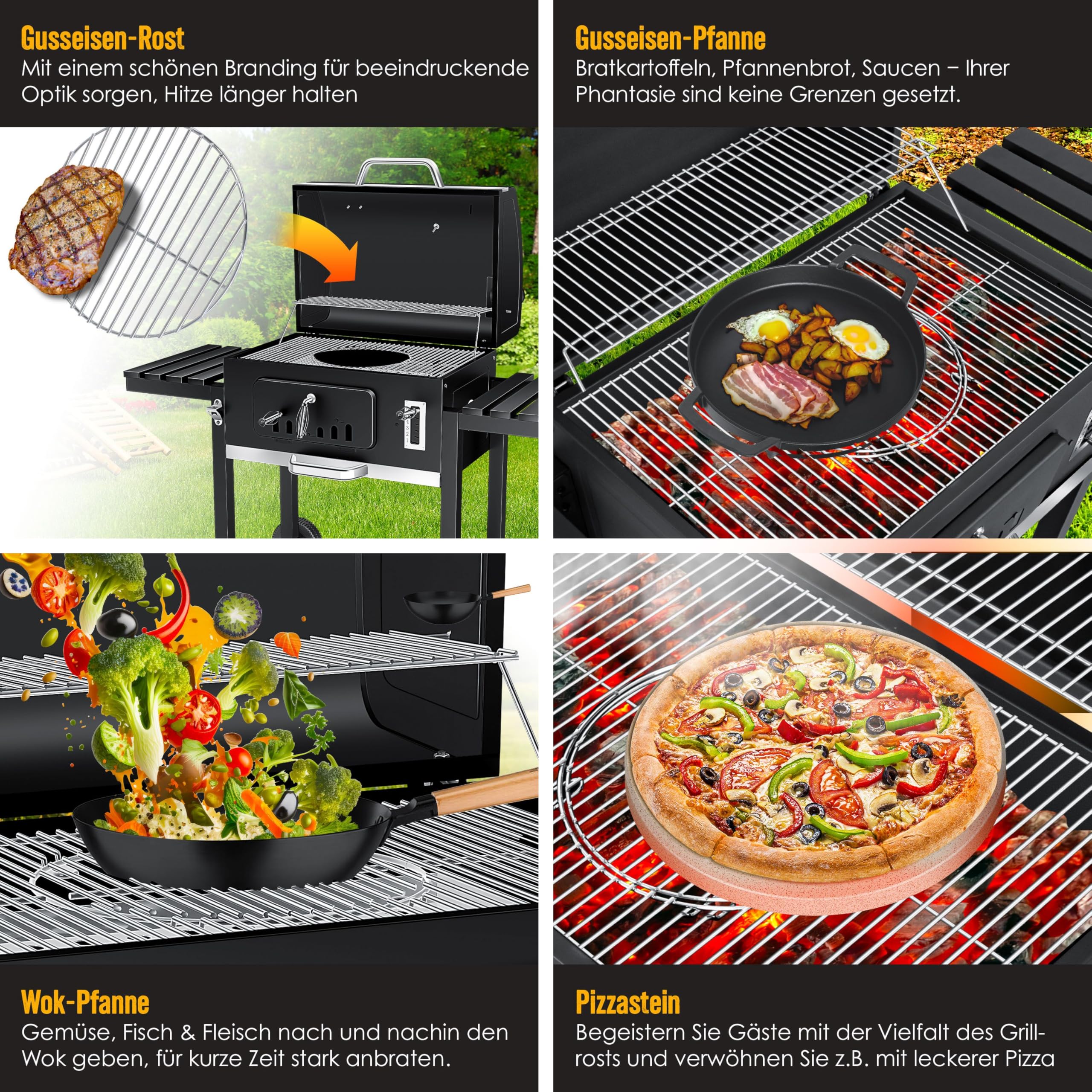 KESSER® Grillwagen BBQ Smoker XXL Holzkohlegrill mit Deckel, Rädern, Edelstahl-Griff, Thermometer, Grillrost, Bürste, Abdeckhaube & Silikon-Pinsel, Standgrill, Kohlegrillwagen 8