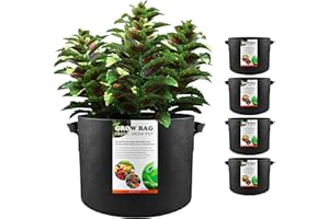 YOOFAN Grow Bags – Premium Fabric Pots, 5 Gallon Capacity, Ideal for Plant Growth, Compatible with Vegetables, Mushrooms, Potatoes, Strawberries, Outdoor/Indoor, Black, 5pcs