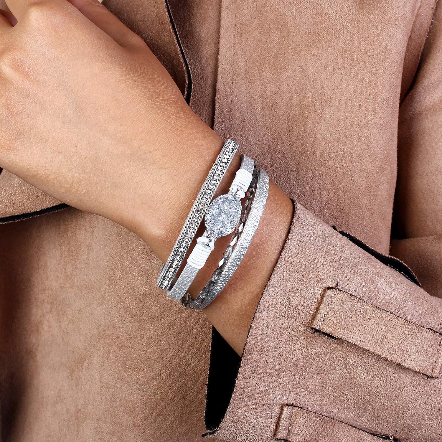 Leather Wrap Bracelet Boho Cuff Bracelets Crystal Bead Bracelet with Magnetic Clasp for Women Handmade Layered Bracelet for Teen Girls(7.7", Silver): Clothing