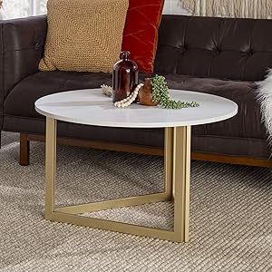 Walker Edison Modern Round Metal Base Coffee Table Living Room Accent Ottoman, 32 Inch, White Marble