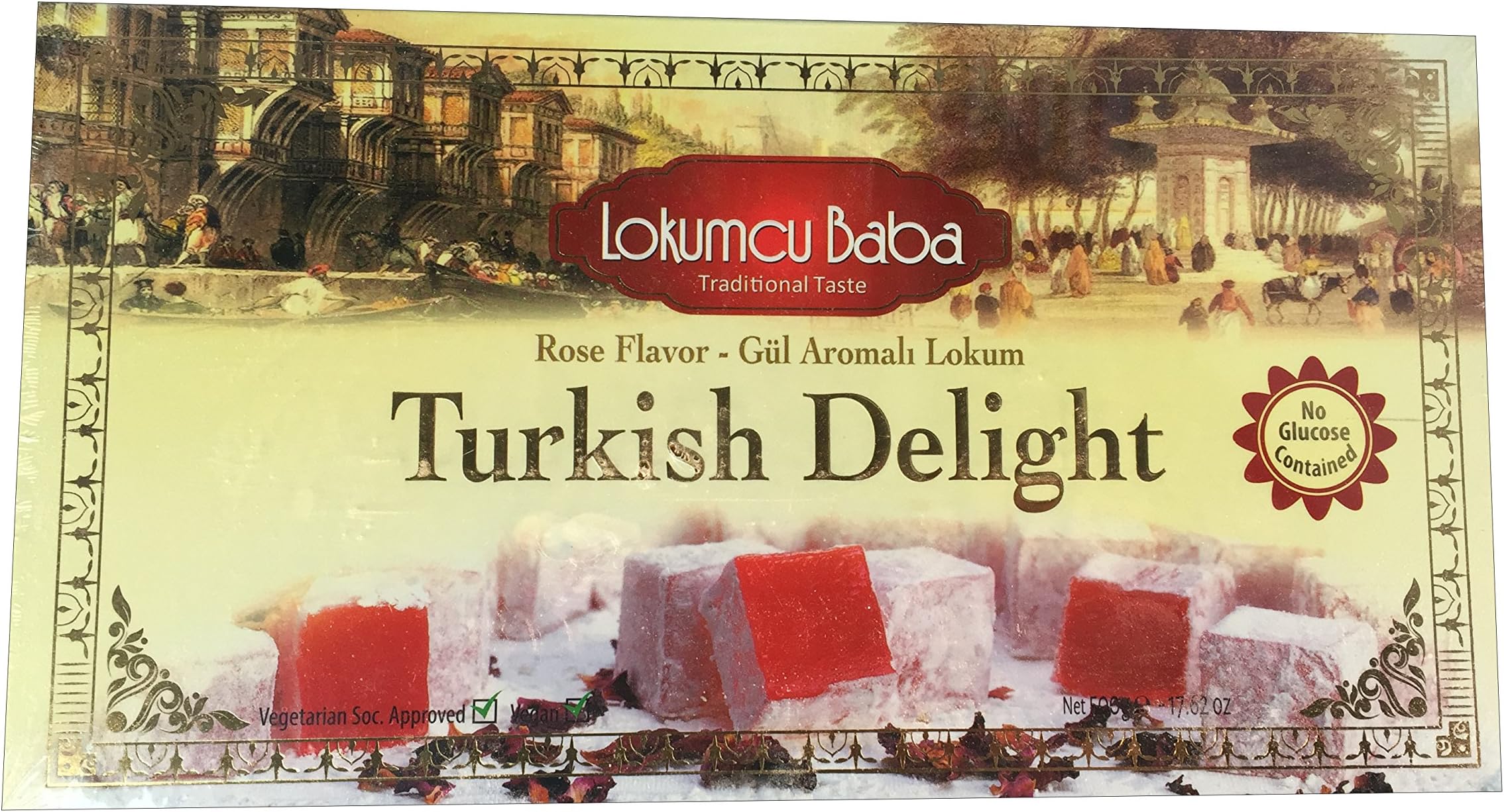 Turkish Delight with Rose Flavor, Sweet Confectionery Gourmet Gift Box Candy Dessert 17.62 oz, Halal Turkish Delight