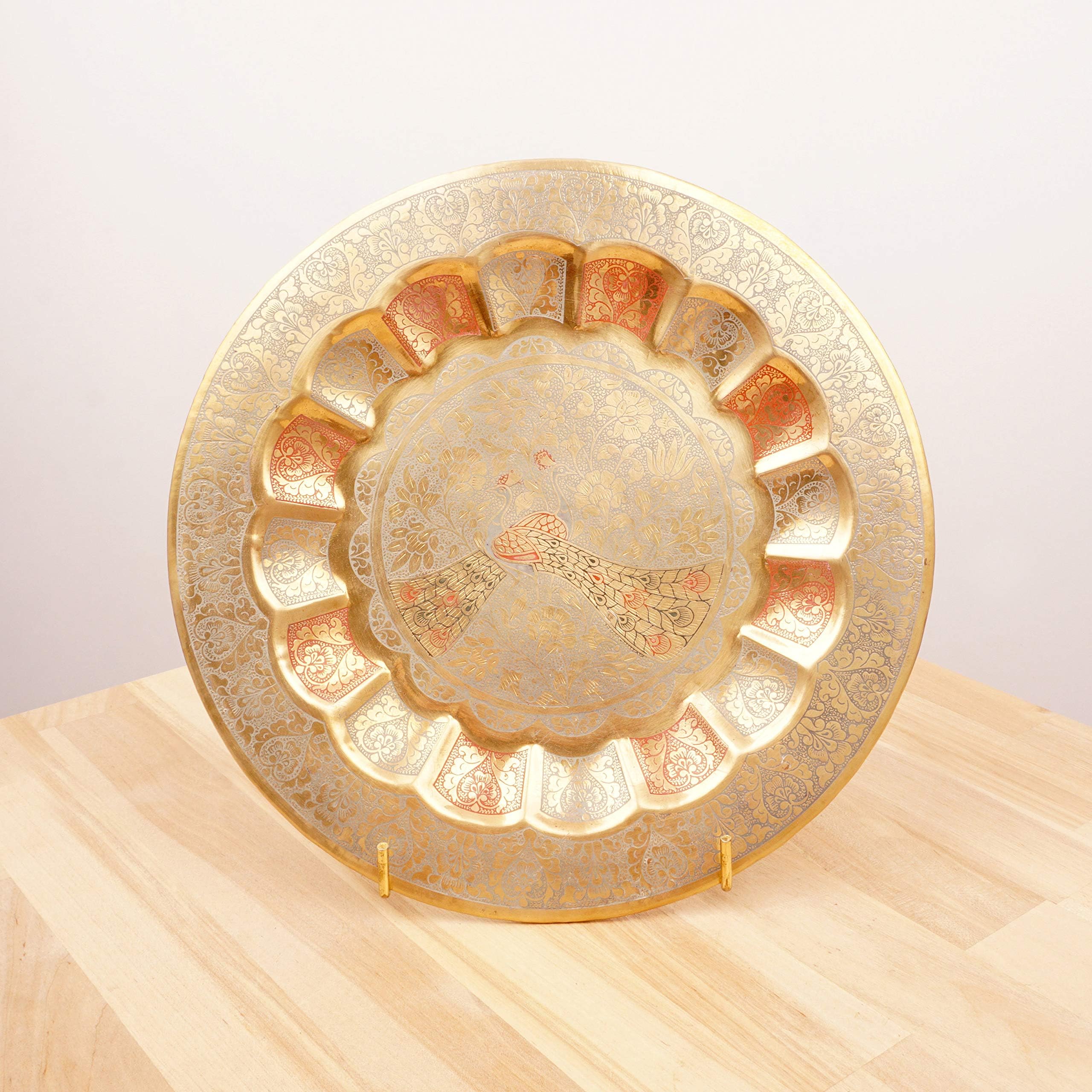 Restored by UKARETRO 23 cm Tray/Plate with a Floral Design and a Peacock in The Middle/Wall Hanging || Brass Wall Decor