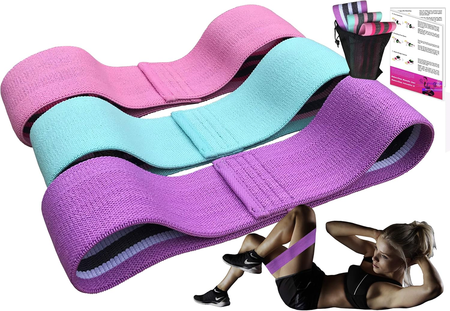 Fabric Resistance Band Set 3 different Strength Levels Premium Anti