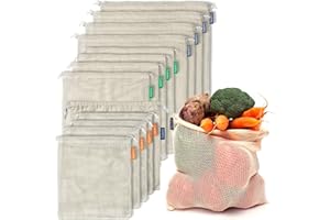 12+1 Reusable Organic Cotton Produce Bags | Mesh Produce Bags | Eco Friendly | Double-Stitched & Tare Weigh | Reusable Produc