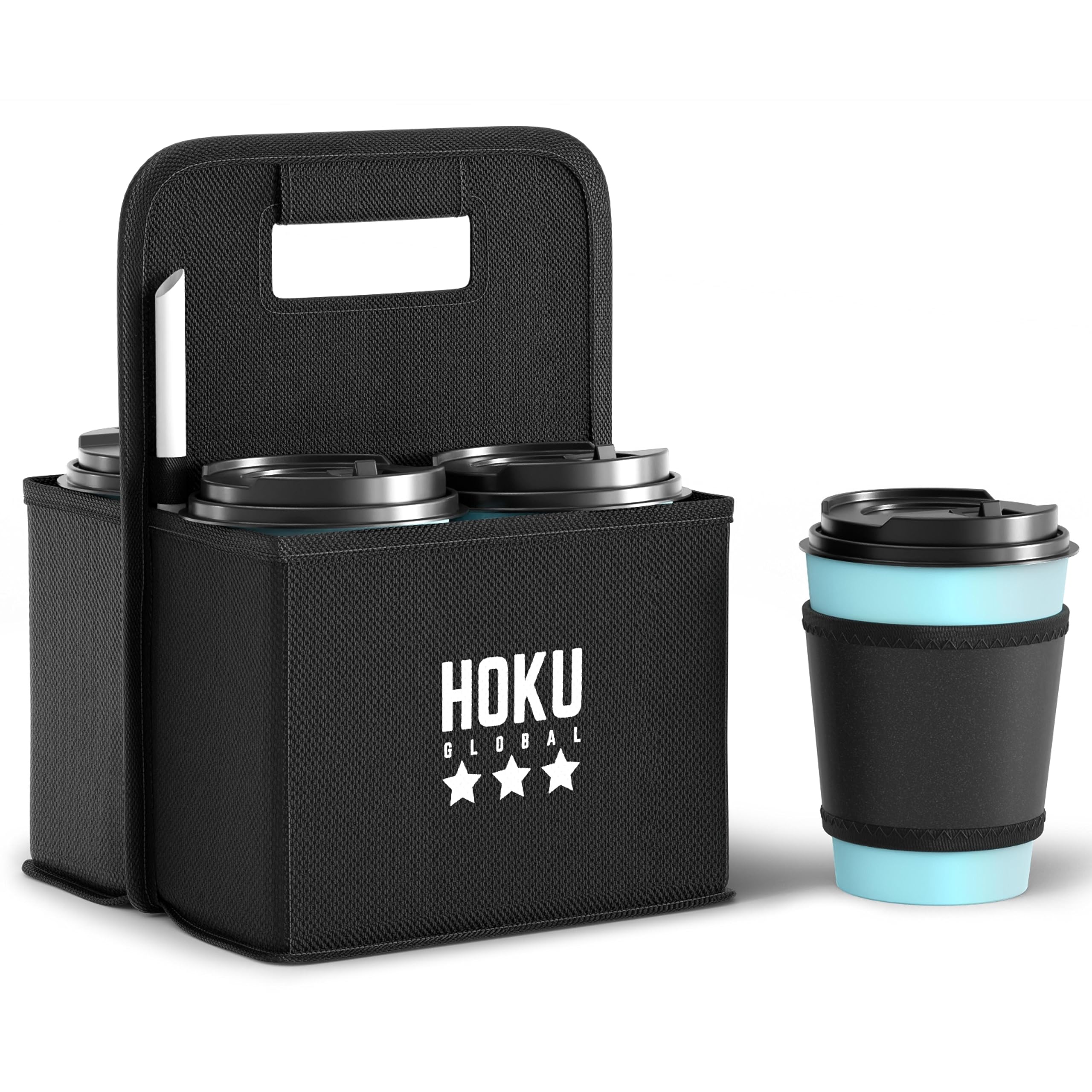 Hoku Global Portable Reusable Drink Carrier with Coffee Cup Sleeve - Insulated 4 Cup Holder Caddy - Sturdy Handle for Delivery Take Outs - Organizer Tote Bag for Hot Cold Drinks