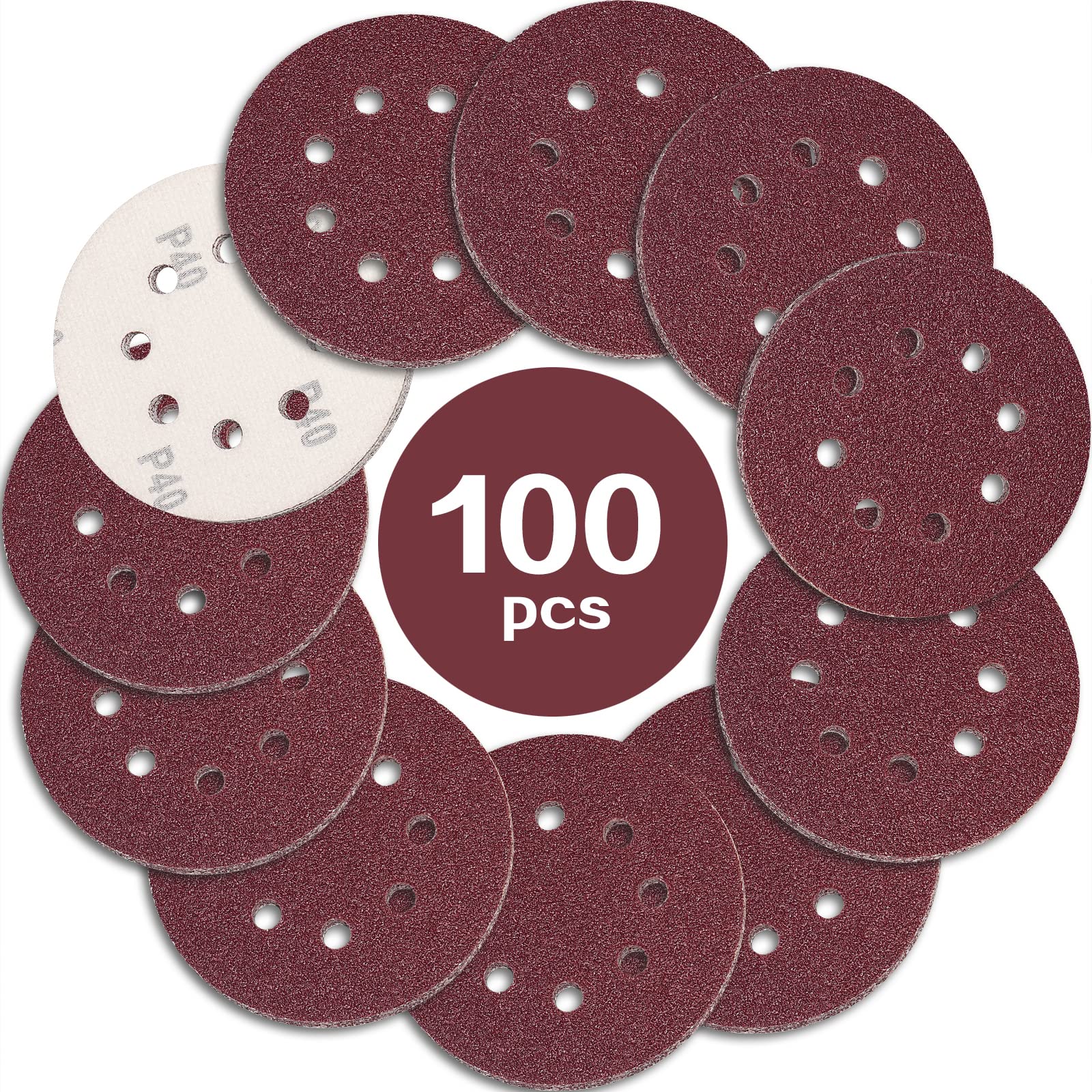 STEBRUAM 100PCS 125mm Sanding Discs 40 Grit, 5 Inch 8 Hole Hook and Loop Sanding Pads for Random Orbital Sander — image 1