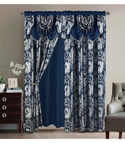 Sapphire Home Jacquard Curtain Set - Damask Medallion Floral, Burgundy, 95" Length With Valance & Tassels