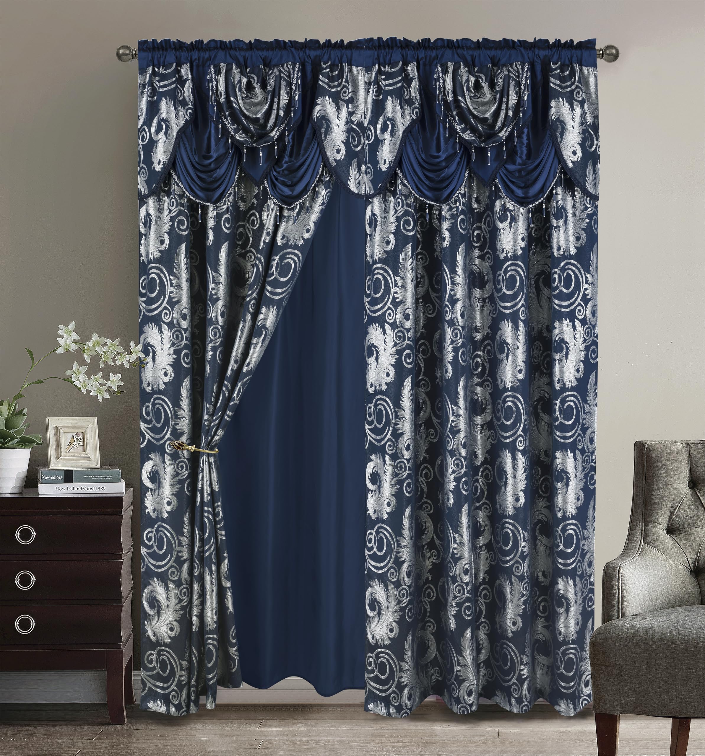 Golden Rugs Jacquard Luxury Window Panel Set Curtain with Attached Valance and Backing Bedroom Living Room Dining 110”X84” Jana Collection (Navy)