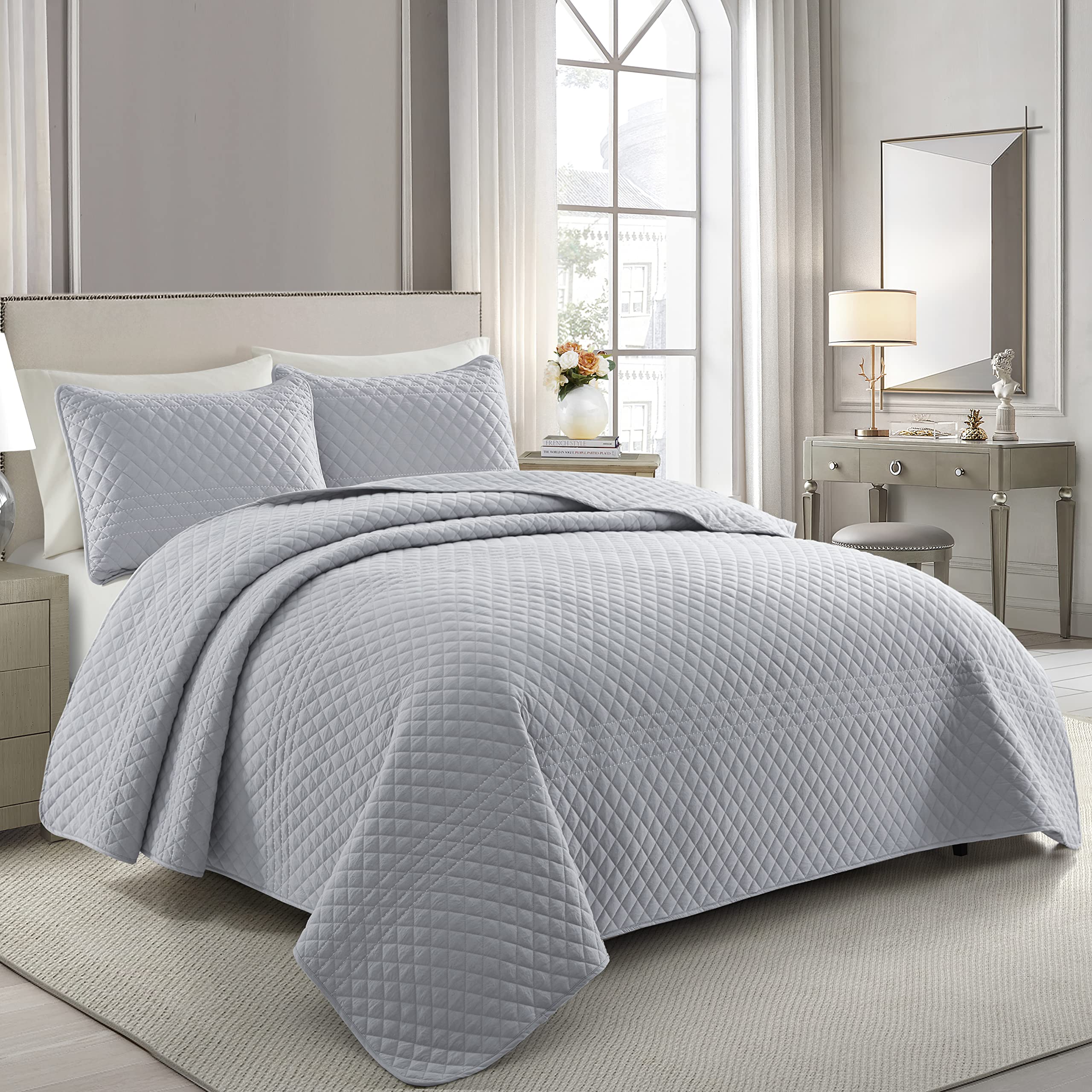 Photo 1 of Bonlino Barley Bedding Quilt Set Bedspread - Lightweight Quilt Set Summer Farmhouse Modern Boho Style Striped Bedspread Coverlet with 2 Pillow Shams for Home Bedroom All Season (Grey, Oversized King)