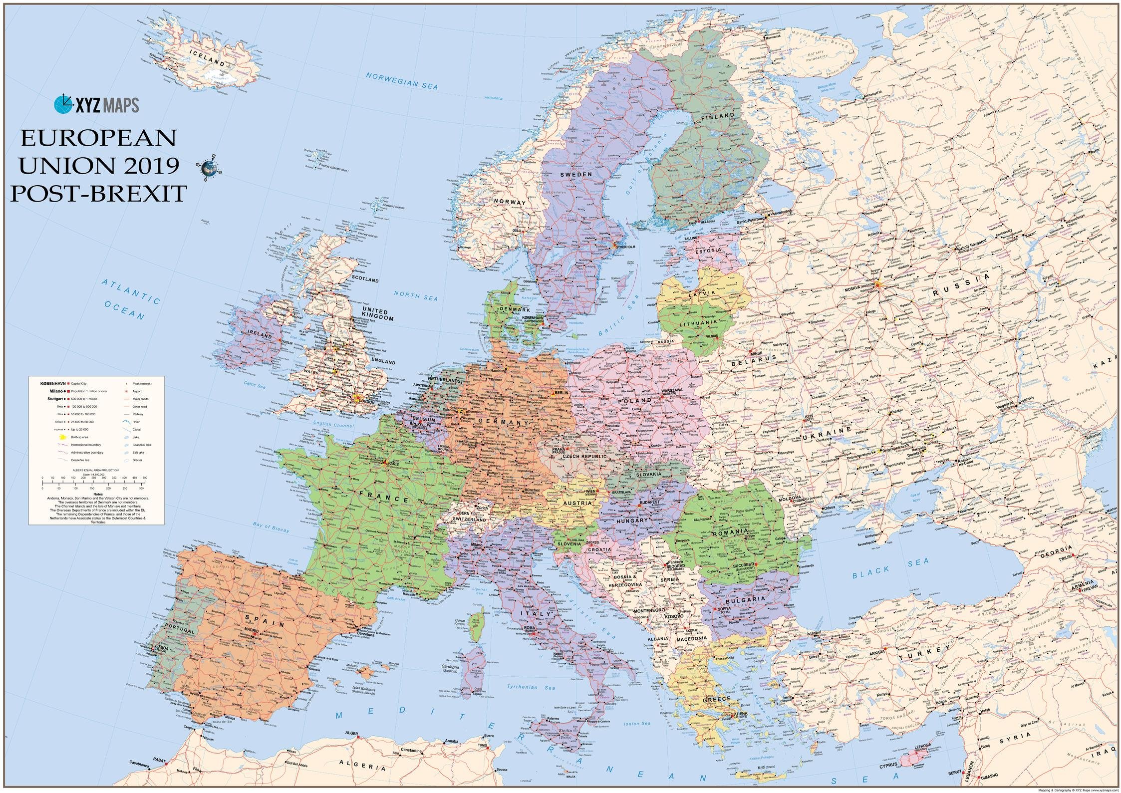European Union 2019 Post Brexit Wall Map - 47" x 33.25" Laminated