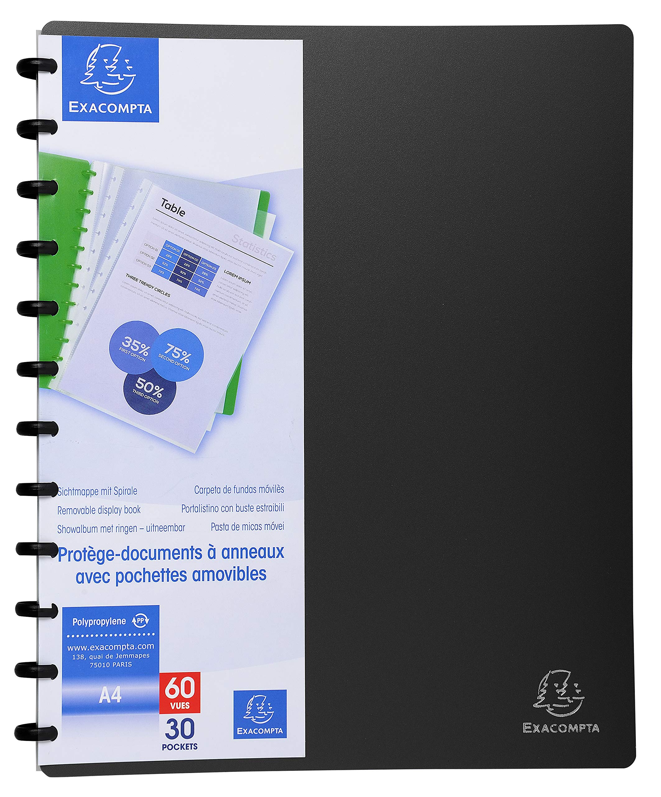 Exacompta - Ref 86351E - PP Display Book with Rings - Suitable for Holding A4 Documents, 30 Pockets, 60 Viewing Pages, Removable Pockets for Organisation - Black