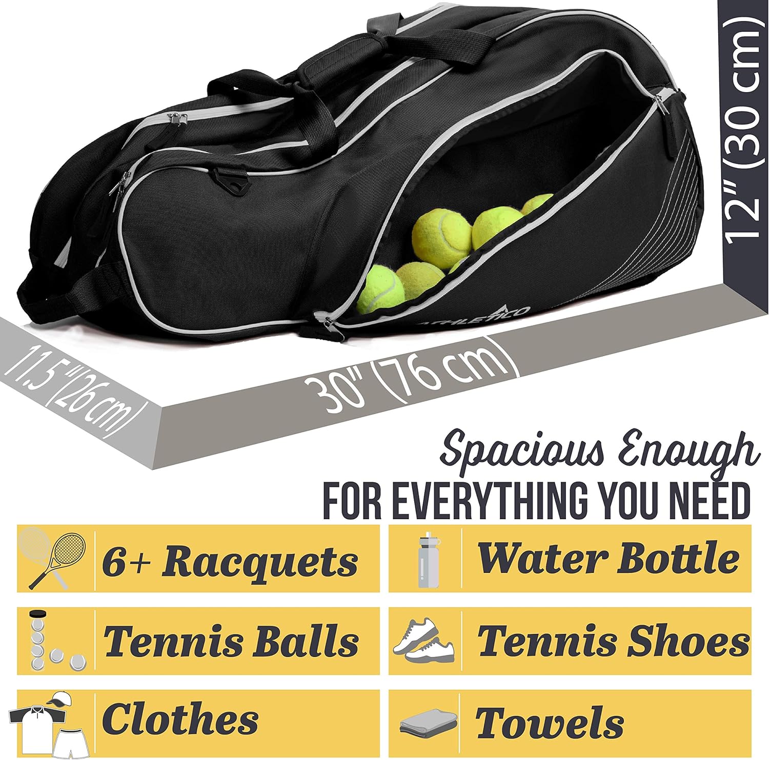 Athletico 6 Racquet Tennis Bag | Padded to Protect Rackets & Lightweight | Professional or Beginner Tennis Players | Unisex Design for Men, Women, Youth and Adults (Black) : Sports & Outdoors