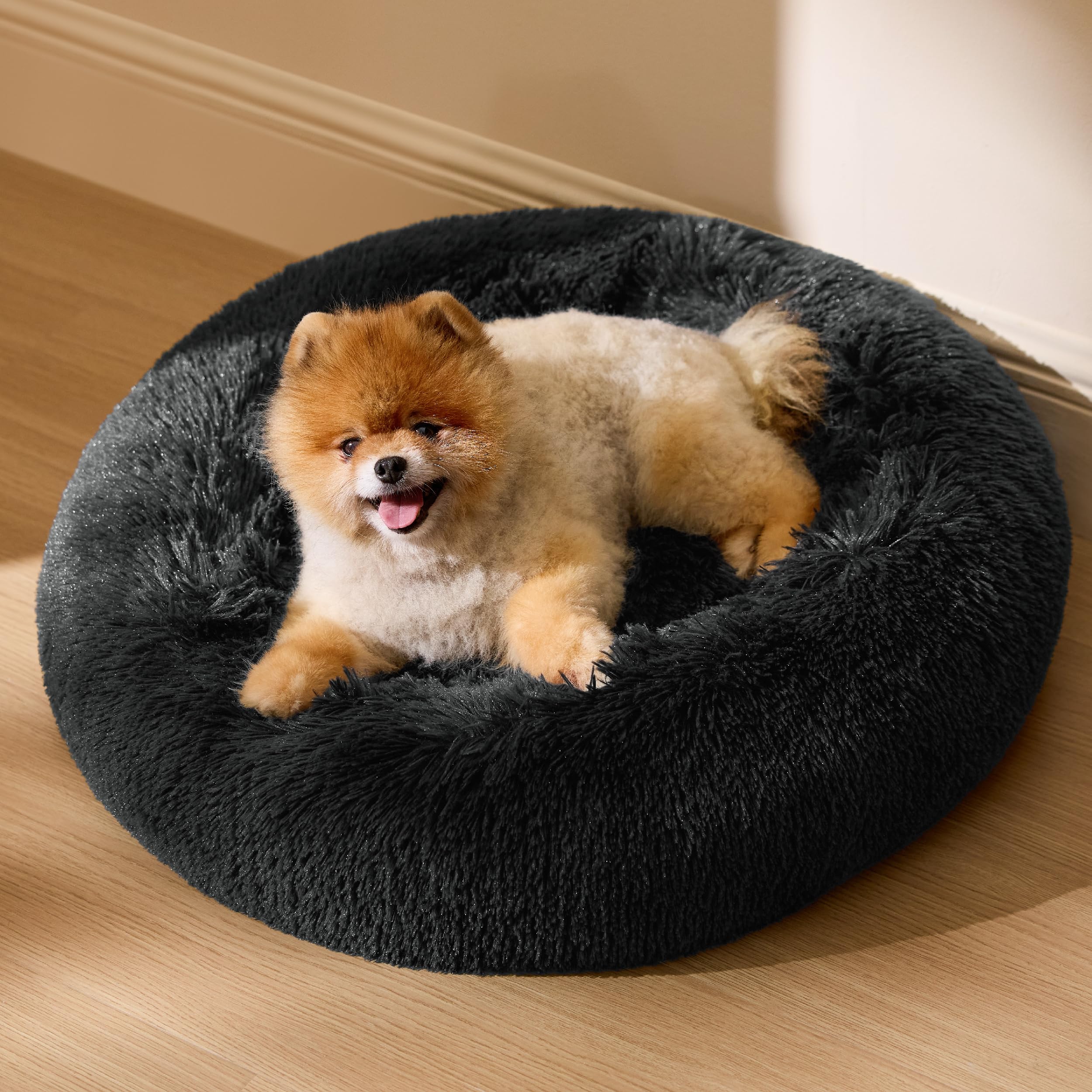 Bedsure Plush Round Cat Bed - 60x60x14cm Washable Large Cat Beds for Indoor Cats, Fluffy Calming Anti Anxiety Dog Bed for Small Pets Dogs Puppy, Dark Grey — image 1