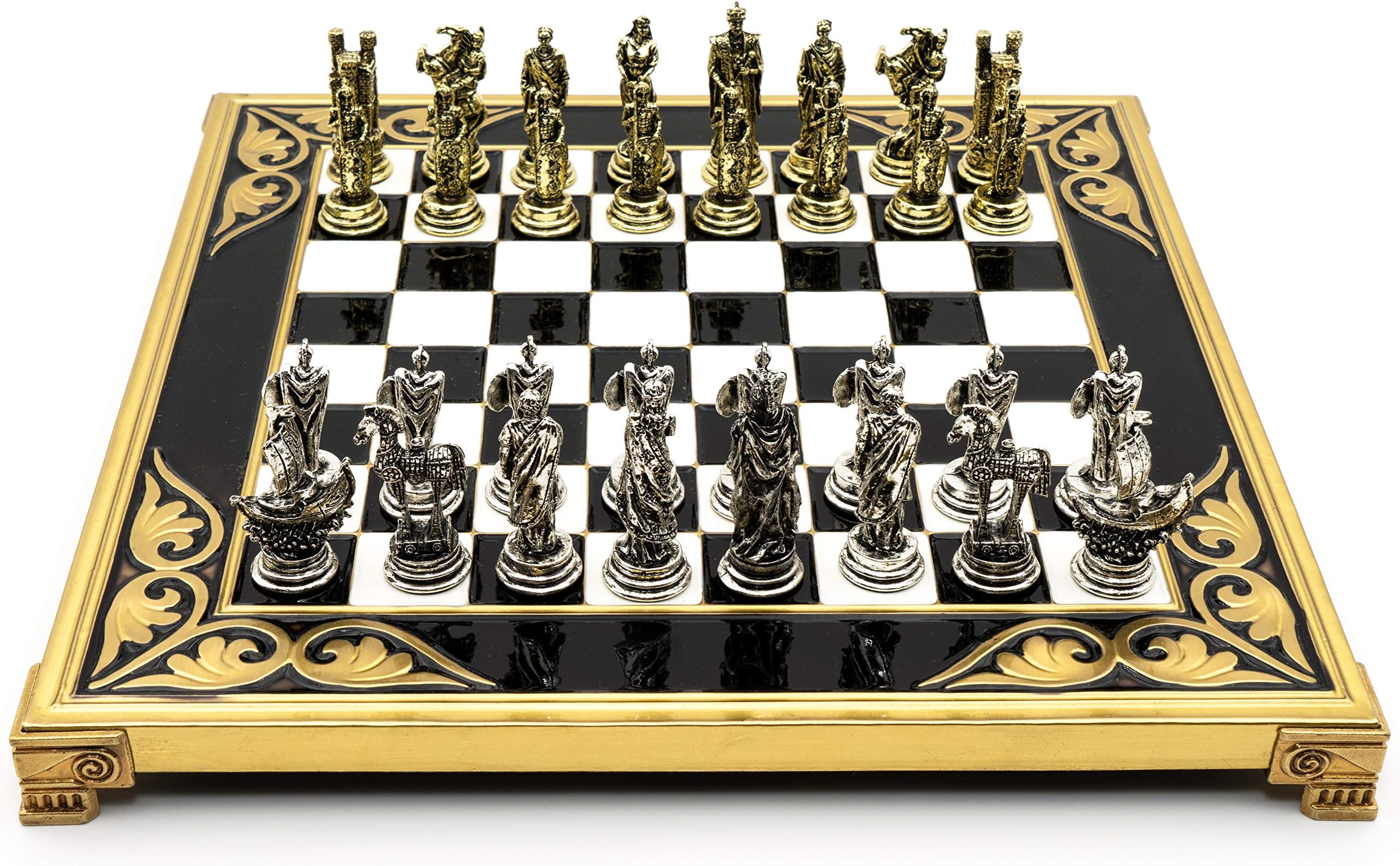 Handmade Troy Metal Chess with Elegant Wooden and Metal Board
