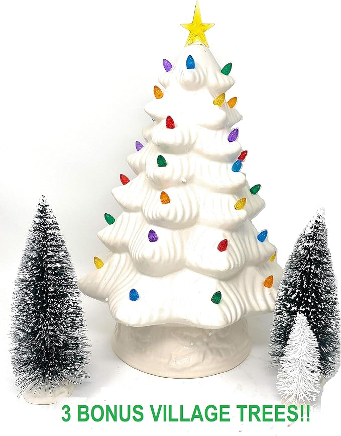 Amazon Com Mr Christmas Nostalgic Conical Christmas Tree 16 White With Bonus Green And White Village Trees Decor For Contrast Super Bright Led Lights And 4 Hour Timer Home Kitchen