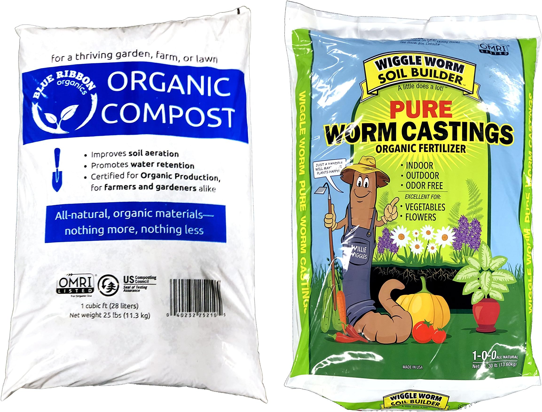 Wiggle Worm Castings + Blue Ribbon Organic Compost OMRI Combo (65-Pound)