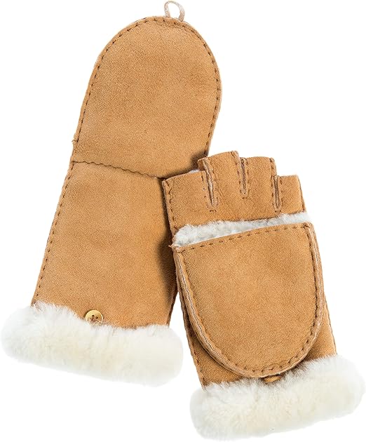 Women's Spanish Sheepskin Fingerless Gloves with Mitten Flap Brown