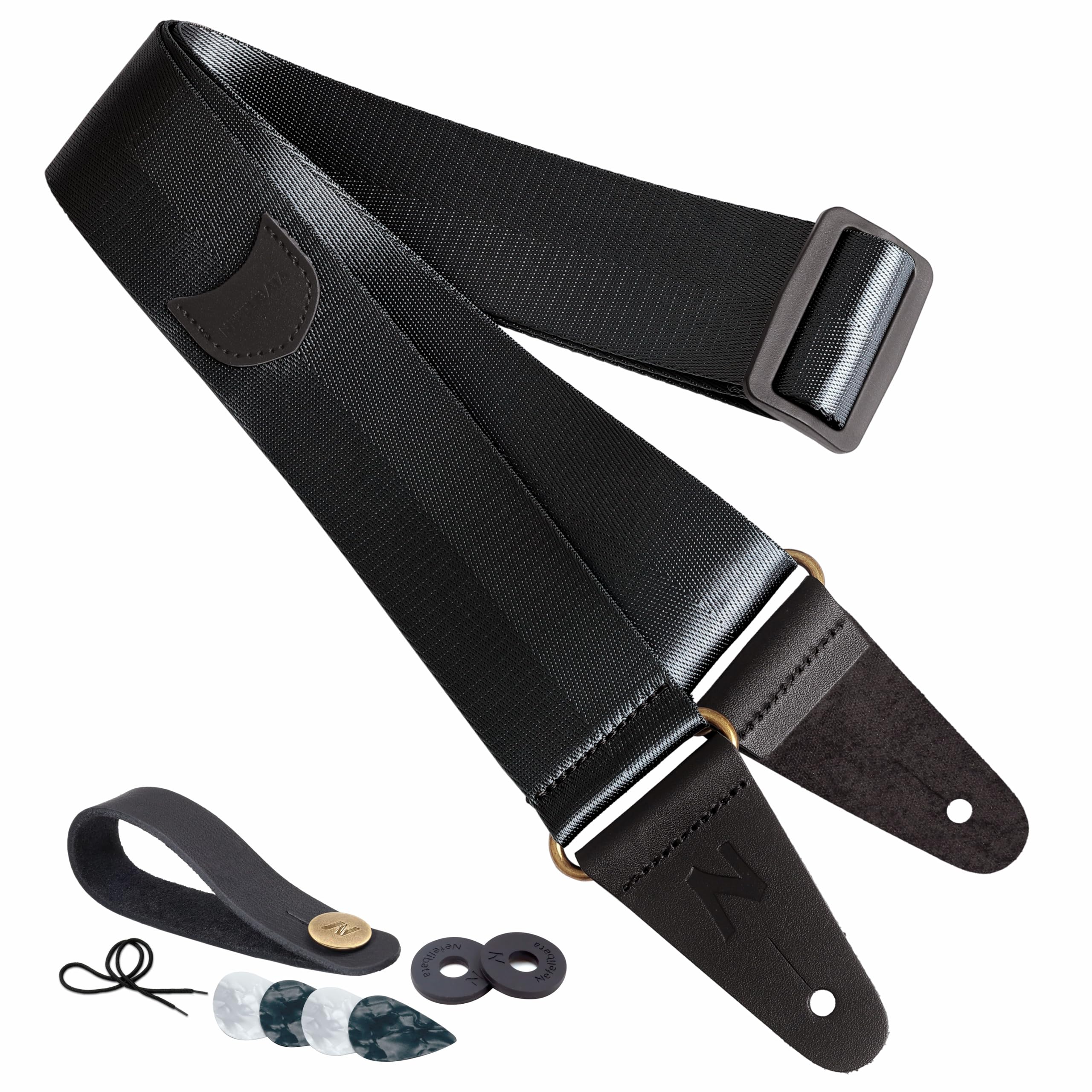 Guitar Strap with Pick Pocket, Vintage Nylon Full Grain Leather Ends Guitar Straps for Bass, Electric & Acoustic Guitars with Free Strap Button, 1 Pair of Strap Locks and 6 Guitar Picks — image 1