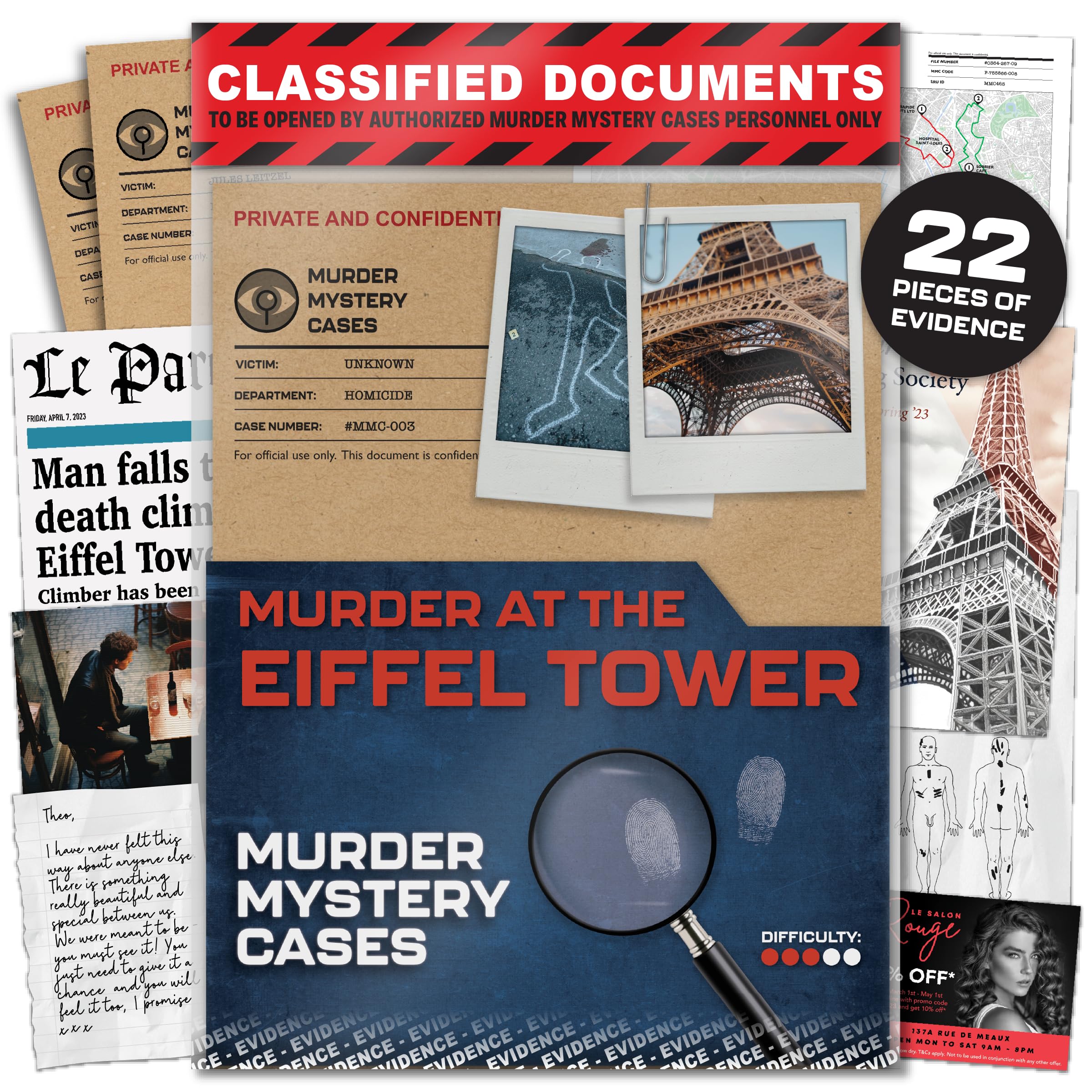 Lucky Egg MMC Death in the Eiffel Tower – Thrilling Murder Mystery Games for Adults in Paris – 22 Realistic Evidence Pieces, 150 Min Gameplay (3/5 Difficulty) – Cold Case Files Game for 1-10 Players — image 1