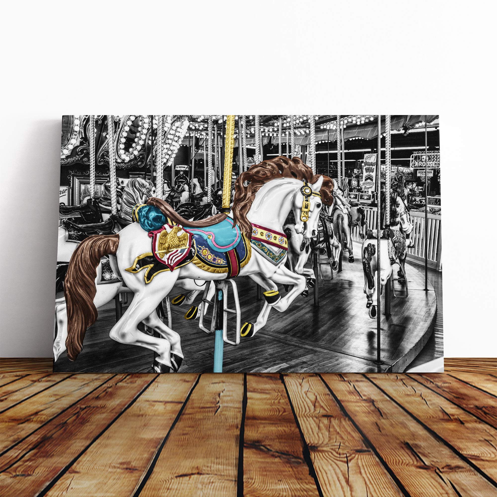 Carousel Fairground Horse (2) Canvas Print | Gallery Wrapped 30mm Frame Wall Art | 20x14 inches | Ready to Hang | Modern Animals Picture | Living Room Bedroom Lounge Office