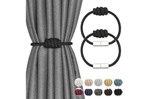 NICEEC 2 Pack Mini Magnetic Curtain Tiebacks Modern Simple Style Drape Tie Backs Elegant Hand Weave Rope Knot Decorative Curtain Holdbacks for Home & Office Window Drapery (Black)