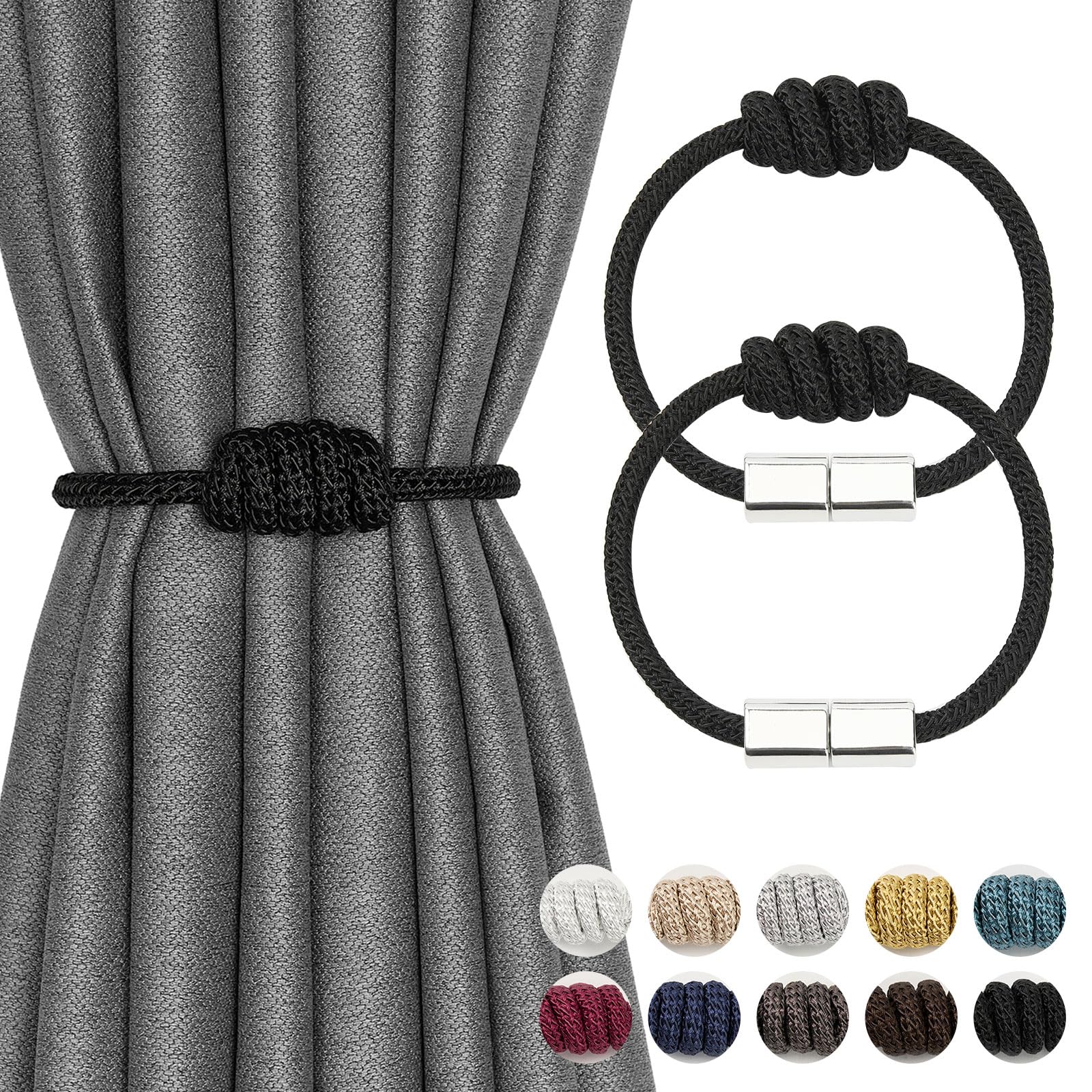 Pretty Jolly 2 Pack Mini Magnetic Curtain Tiebacks Modern Simple Style Drape Tie Backs Elegant Hand Weave Rope Knot Decorative Curtain Holdbacks for Home & Office Window Drapery (Black)