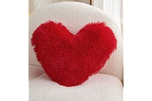 MOOWOO Red Heart Faux Fur Throw Pillow with Pillow Cover and Insert,Sherpa Plush Fluffy, Solid Color,Christmas Decorations,Valentines Day Decor, Heart Shape Gift for Girls,Love Pillow