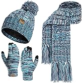 Womens Winter Warm Beanie Hat Touchscreen Gloves Lone Neck Scarf Set with Fleece Lined Pom Skull Cap Gift for Women 3PCS